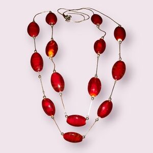 Fiery art glass beaded double strand necklace silvertone station style